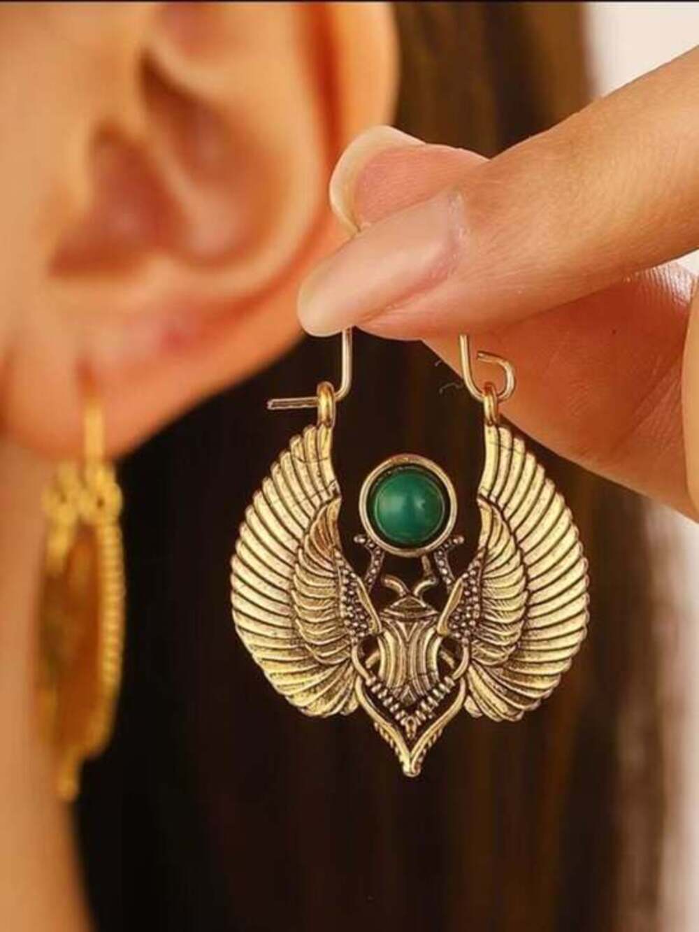 Last One! Gold Winged Scarab Earrings with Green Gemstone - Women Jewelry